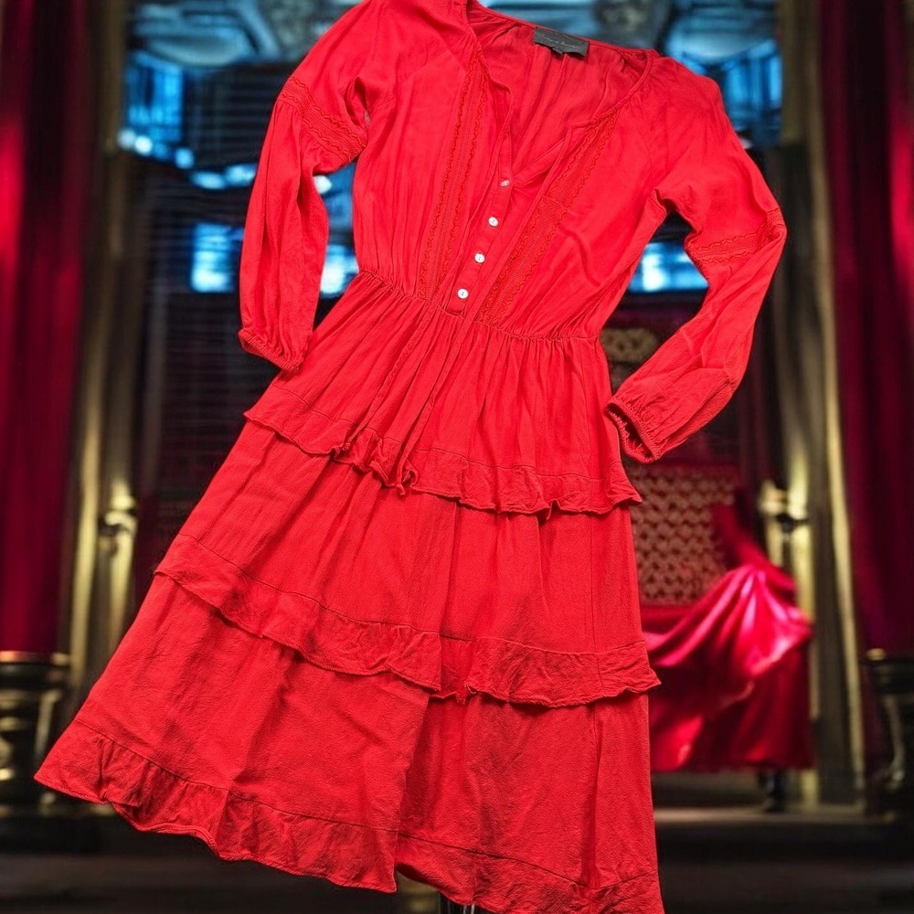 Sunday In Brooklyn Dress Womens XS Red Tiered Ruffle Midi Long Sleeve Cottage